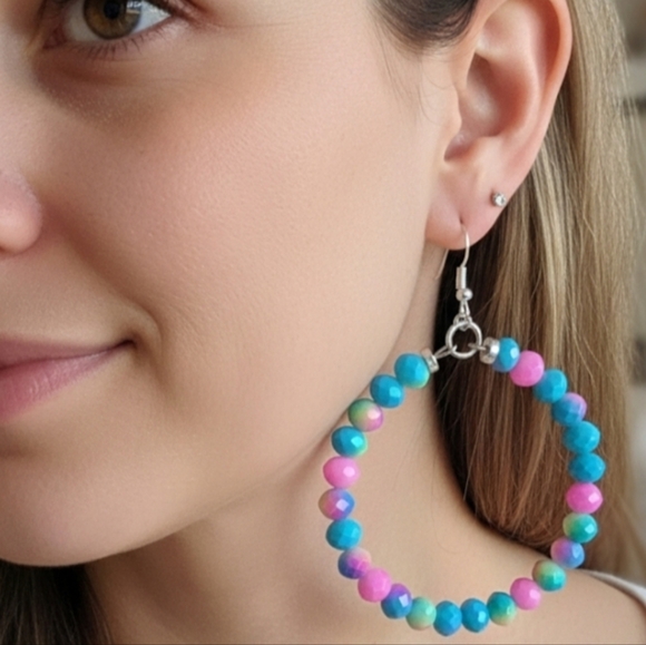 Handmade Jewelry - Large hoop earrings with bright pink and blue glass beads create a vibrant 6.5 C